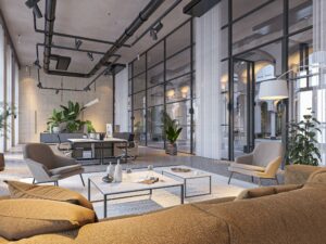 Modern ingerichte kantoorruimte aan de Nieuwezijds Voorburgwal met glazen wanden, stijlvolle meubels en veel natuurlijk licht.